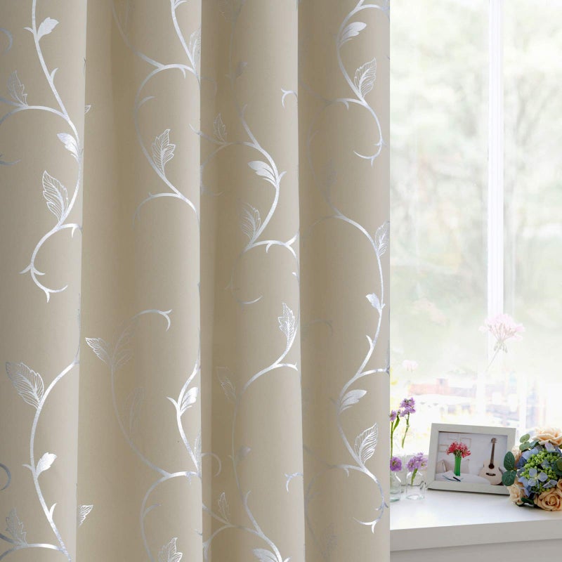 BUHUA Wave Floral Vine Print Blackout Curtains for Living Room Darkening Curtains Print Pattern Light Blocking Curtains for Bedroom 52WÃ—84L Beige 2 Panels - Image 3